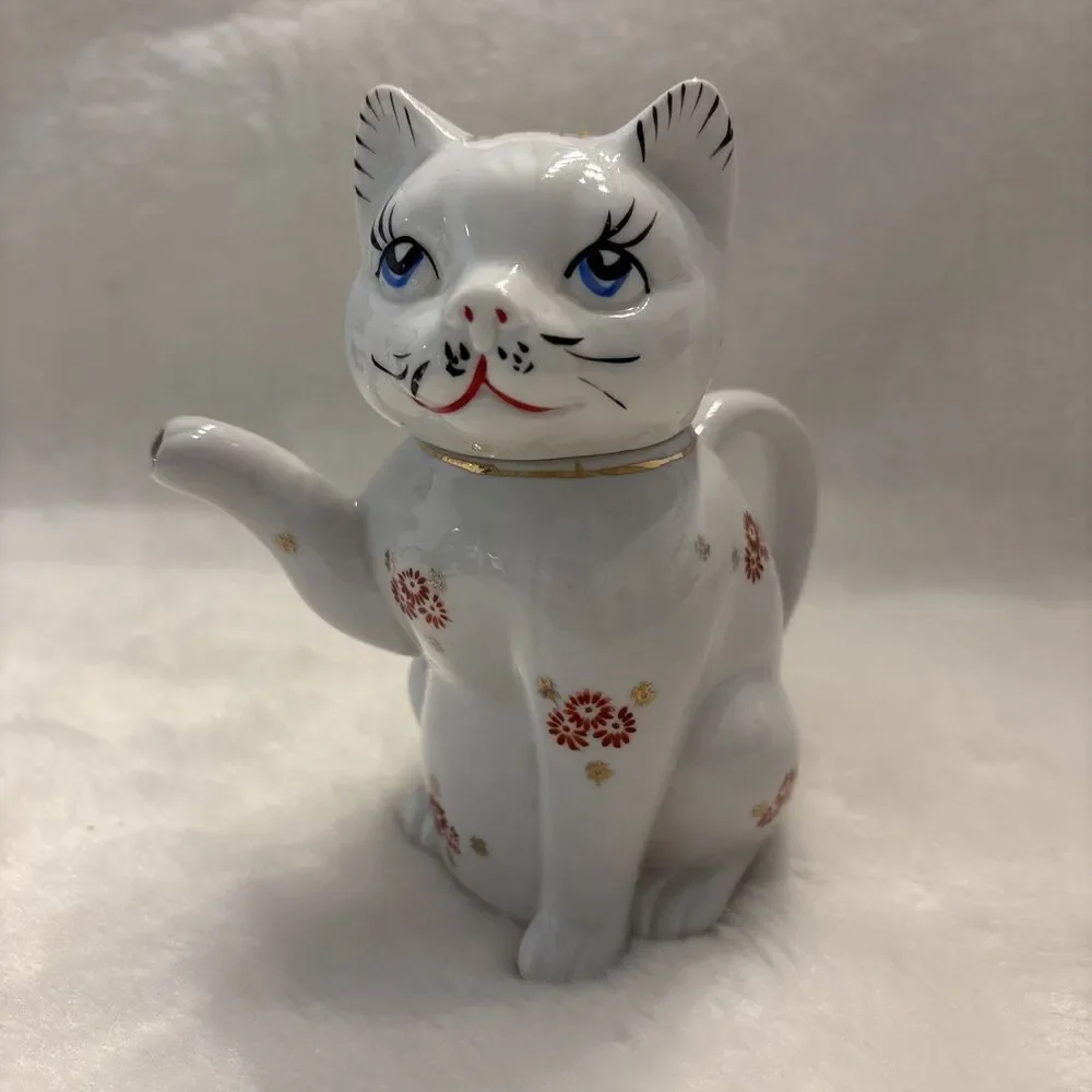 Chinese Lucky Cat Teapot/Creamer Red And White With Gold Accents